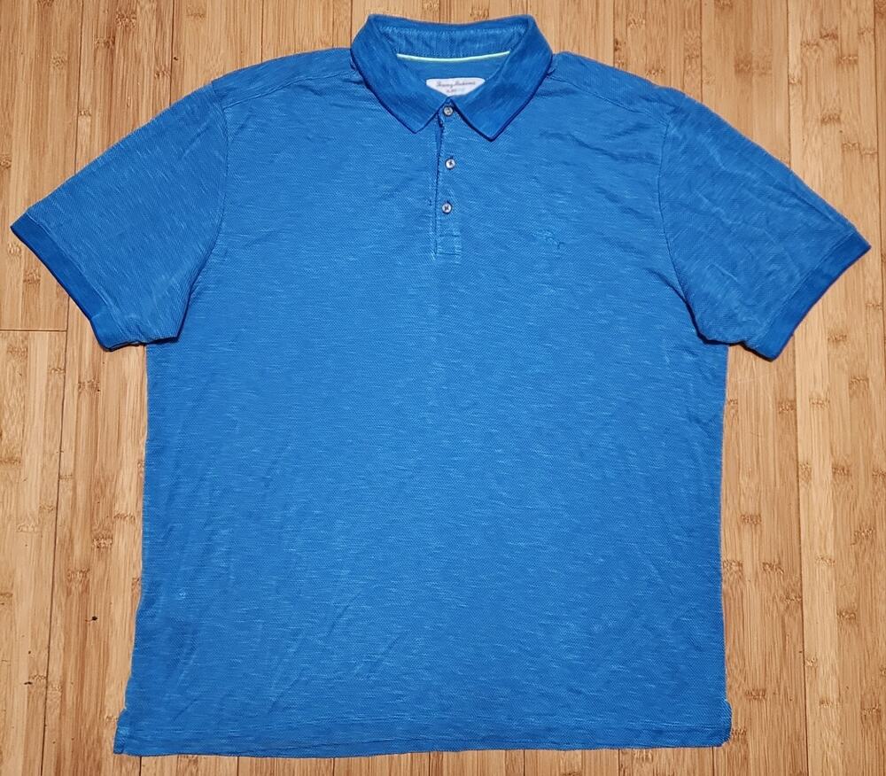 Tommy Bahama IslandZone Mens XL Blue Slub Polo Shirt Tencel Coolmax Short Sleeve